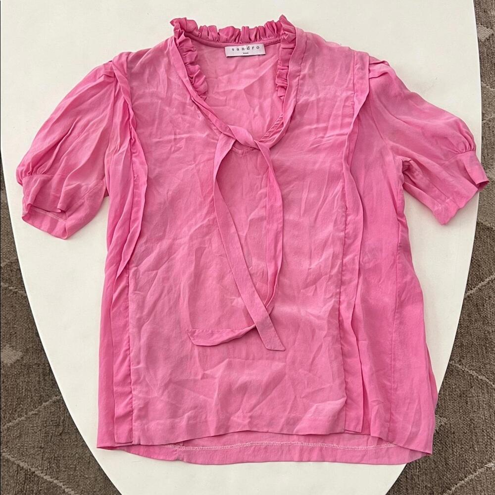 SANDRO 100% Silk Bright Pink Ruffle Romantic Tie Neck Blouse Women's Medium $285